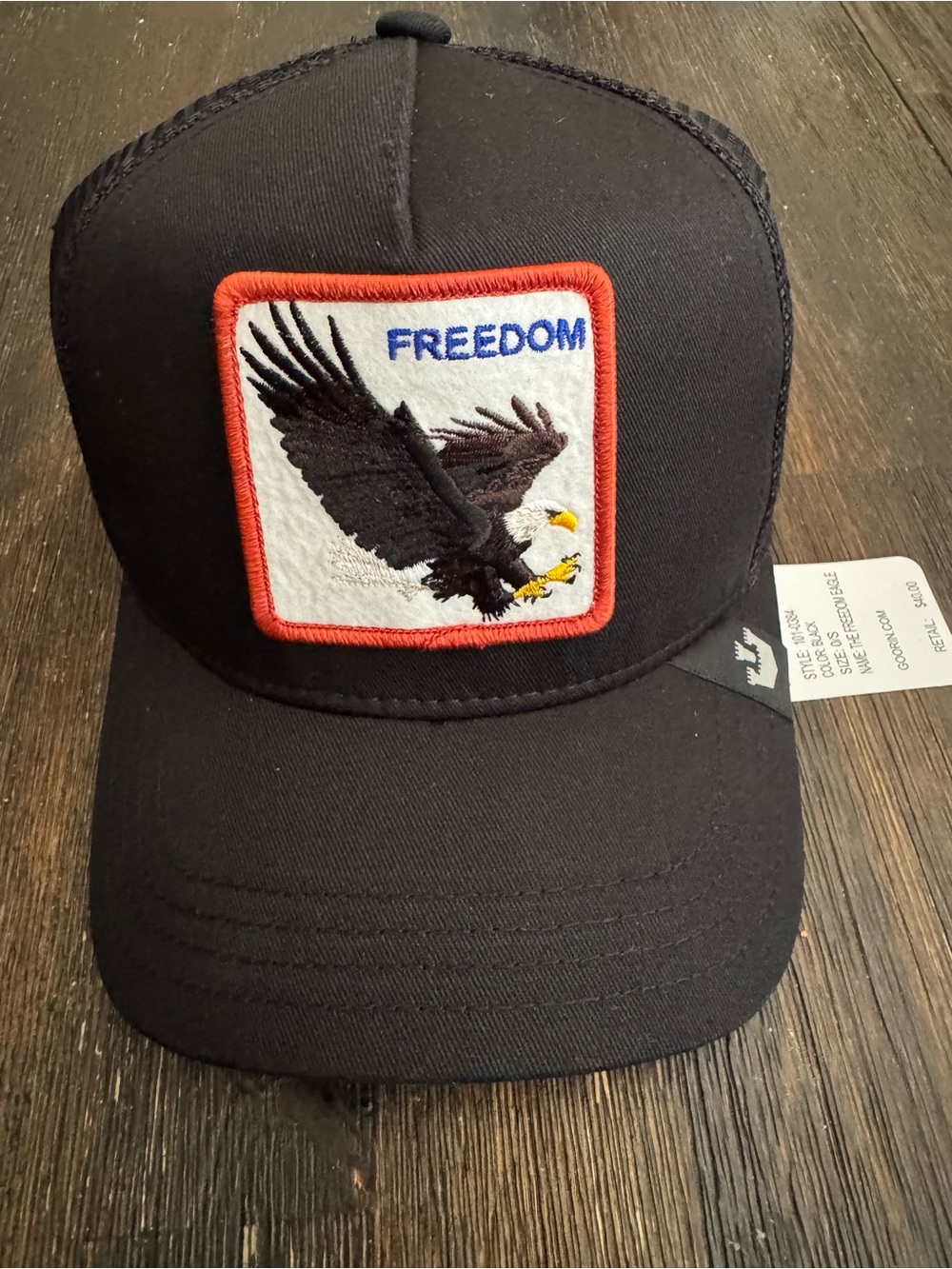 Goorin Bros Black Trucker Hat with Freedom Eagle Patch
